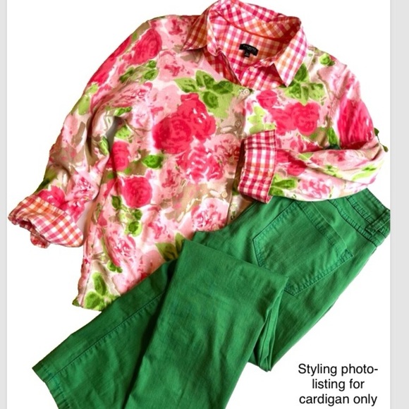 Talbots Size M Green Pink Floral ¾ Sleeve Cotton Blend Button Cardigan - Picture 1 of 6